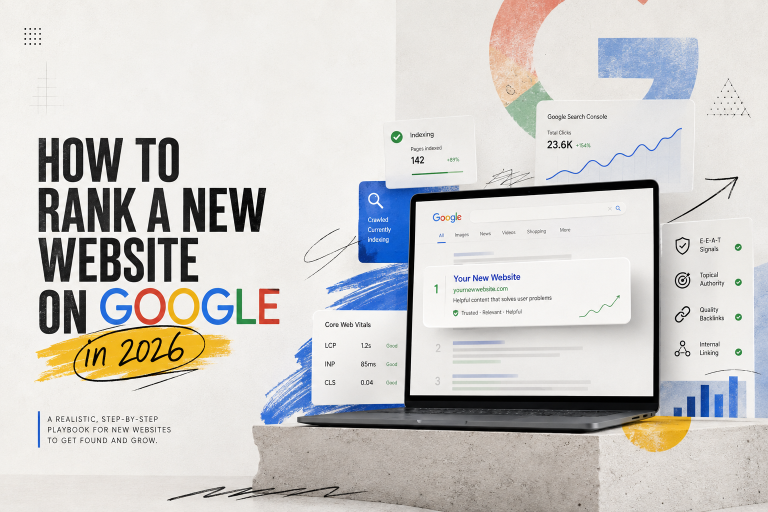 Professional illustration showing a laptop with Google search results, SEO metrics, Search Console analytics, indexing, Core Web Vitals, backlinks, and E-E-A-T signals beside the headline "How to Rank a New Website on Google in 2026."